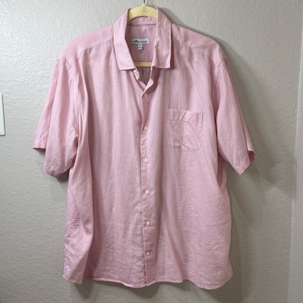 Peter Millar Mens XL Pink Linen Lyocell Geometric Button Down Shirt Golf Coastal